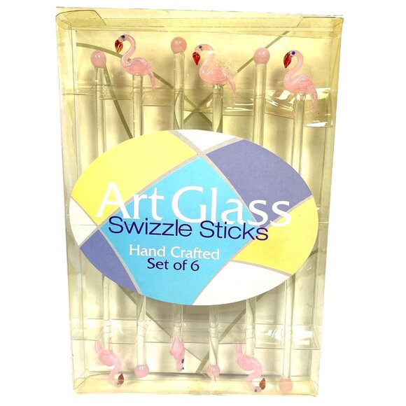 Handcrafted Art Glass Pink Flamingo Swizzle Sticks Cocktail Barware Set Of 6 - Picture 5 of 9